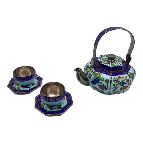 純銀製茶器セット 韓国製 くすみ有 SILVER99 612.1g 銀七宝 鴛鴦文 青 急須1・湯呑み2セット