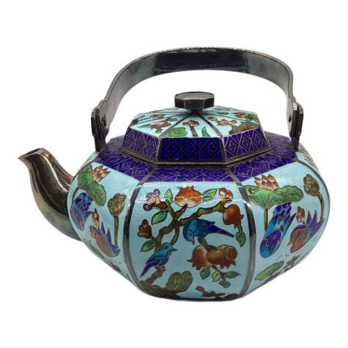 純銀製茶器セット 韓国製 くすみ有 SILVER99 612.1g 銀七宝 鴛鴦文 青 急須1・湯呑み2セット