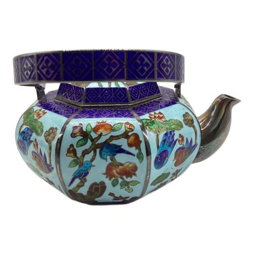 純銀製茶器セット 韓国製 くすみ有 SILVER99 612.1g 銀七宝 鴛鴦文 青 急須1・湯呑み2セット