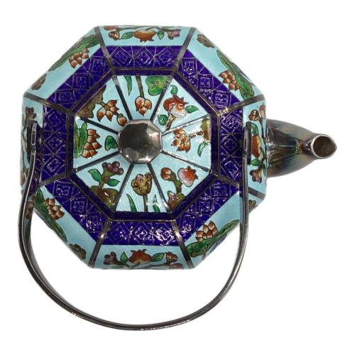 純銀製茶器セット 韓国製 くすみ有 SILVER99 612.1g 銀七宝 鴛鴦文 青 急須1・湯呑み2セット