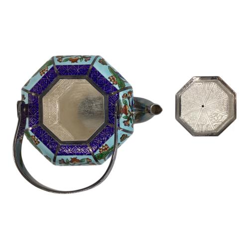 純銀製茶器セット 韓国製 くすみ有 SILVER99 612.1g 銀七宝 鴛鴦文 青 急須1・湯呑み2セット