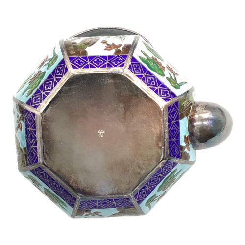 純銀製茶器セット 韓国製 くすみ有 SILVER99 612.1g 銀七宝 鴛鴦文 青 急須1・湯呑み2セット