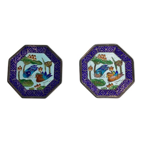 純銀製茶器セット 韓国製 くすみ有 SILVER99 612.1g 銀七宝 鴛鴦文 青 急須1・湯呑み2セット