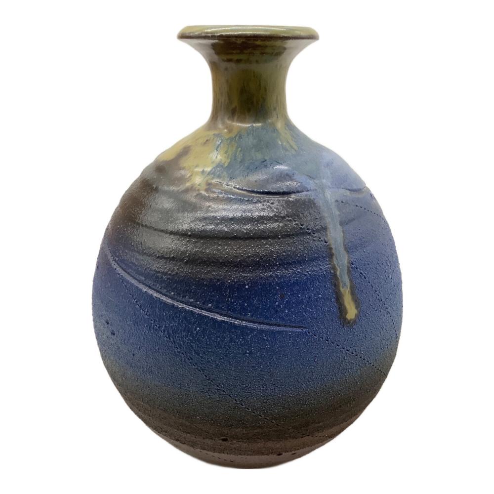 青緑色の金箔装飾陶器瓶 青銅製 美濃焼 (ミノヤキ) 壷 青粒彩 花入り 博山 ブルー×ブラウン