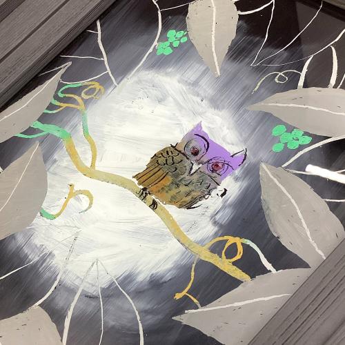 ガラス絵 額装 藤平伸「森の梟」