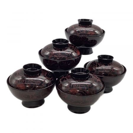 越前塗 (エチゼンヌリ) 御椀セット 沈朱 牡丹彫 5Pセット｜トレファク