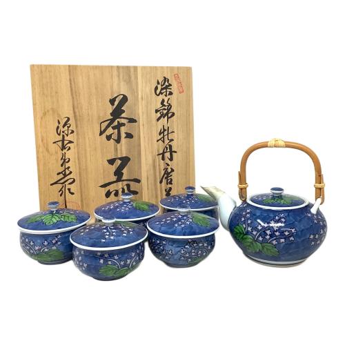 源右衛門窯 (ゲンエモンガマ) 茶器セット 染錦牡丹唐草 急須1・蓋付き湯呑み茶碗5