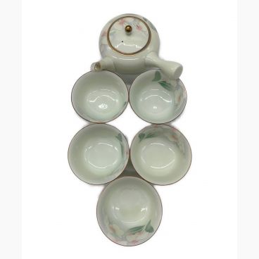 深川製磁 金彩 胡蝶蘭 蓋茶器揃 ブルーグリーン共箱有り