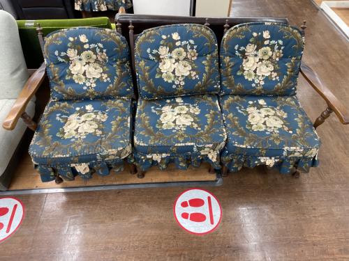 飛騨産業 (ヒダサンギョウ) 3人掛けソファー ブルー×ホワイト  花柄 穂高