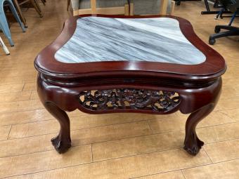 大理石天板テーブル ブラウン　中国家具　透かし彫り