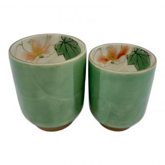 京焼 清水焼 織部芙蓉夫婦湯呑み 陶あん造