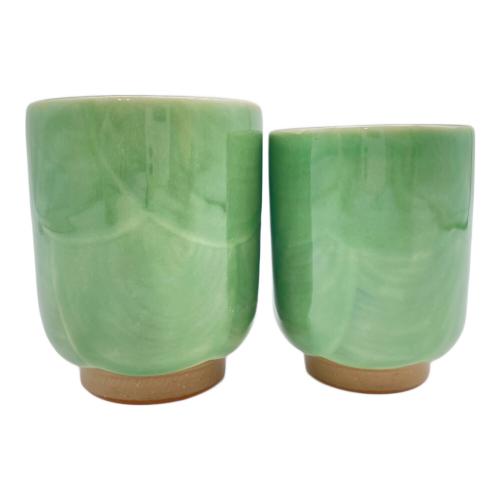 京焼 清水焼 織部芙蓉夫婦湯呑み 陶あん造