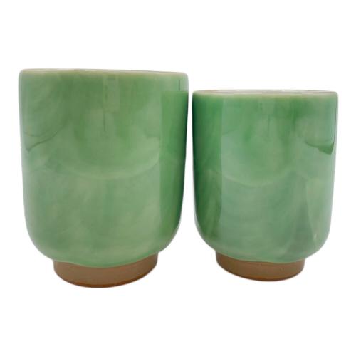 京焼 清水焼 織部芙蓉夫婦湯呑み 陶あん造