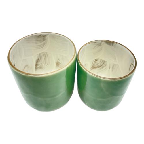 京焼 清水焼 織部芙蓉夫婦湯呑み 陶あん造