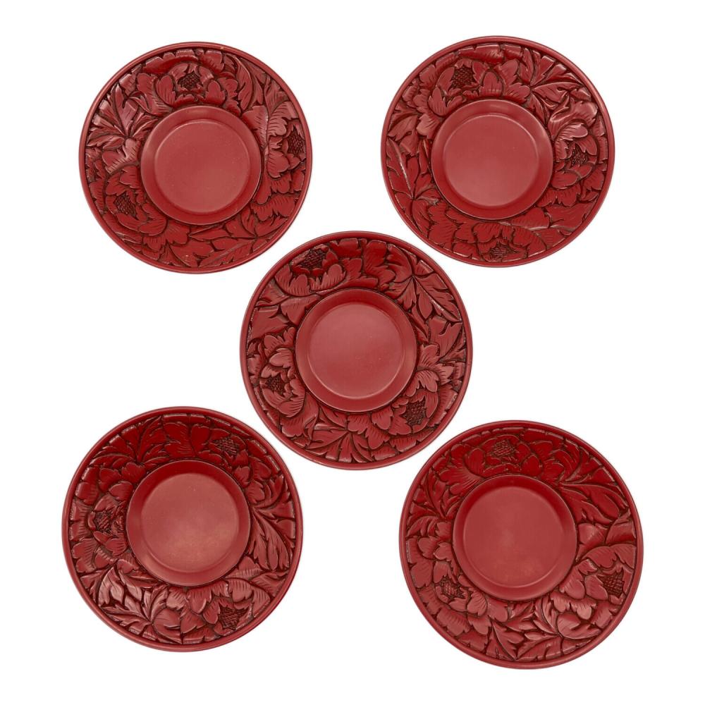 中国　唐木紫檀製　蓮花彫　茶托　5客　M　6751E 村上木彫堆朱 (ムラカミキボリツイシュ) 茶托 牡丹唐草 5Pセット