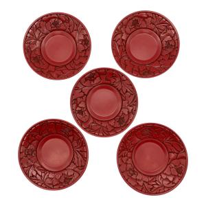 村上木彫堆朱 (ムラカミキボリツイシュ) 茶托 牡丹唐草 5Pセット