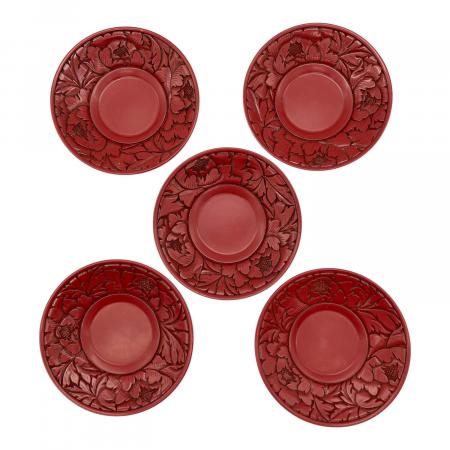 コレクター収集品　タイ　カロン鉄絵 唐草紋 クジャク形　水注15～16世紀 村上木彫堆朱 (ムラカミキボリツイシュ) 茶托 牡丹唐草 5Pセット