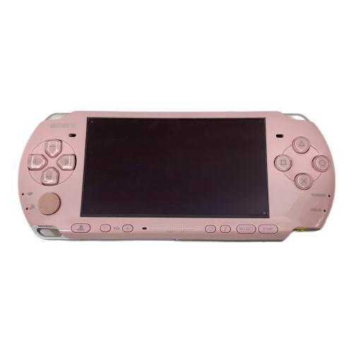 SONY PSP ブロッサムピンク、バッテリー欠品（ACアダプターで起動）、液晶縁にかけて黄ばみ、キズ有、スティック変色有、UMD読込OK、メモリースティック読込OK、各ボタンOK
