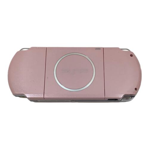 SONY PSP ブロッサムピンク、バッテリー欠品（ACアダプターで起動）、液晶縁にかけて黄ばみ、キズ有、スティック変色有、UMD読込OK、メモリースティック読込OK、各ボタンOK
