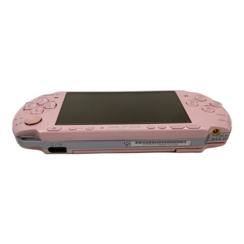 SONY PSP ブロッサムピンク、バッテリー欠品（ACアダプターで起動）、液晶縁にかけて黄ばみ、キズ有、スティック変色有、UMD読込OK、メモリースティック読込OK、各ボタンOK