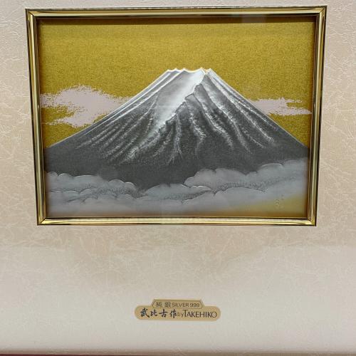 武比古作 (タケヒコ) 純銀隅丸額 富士 純銀レリーフ額 5号金地