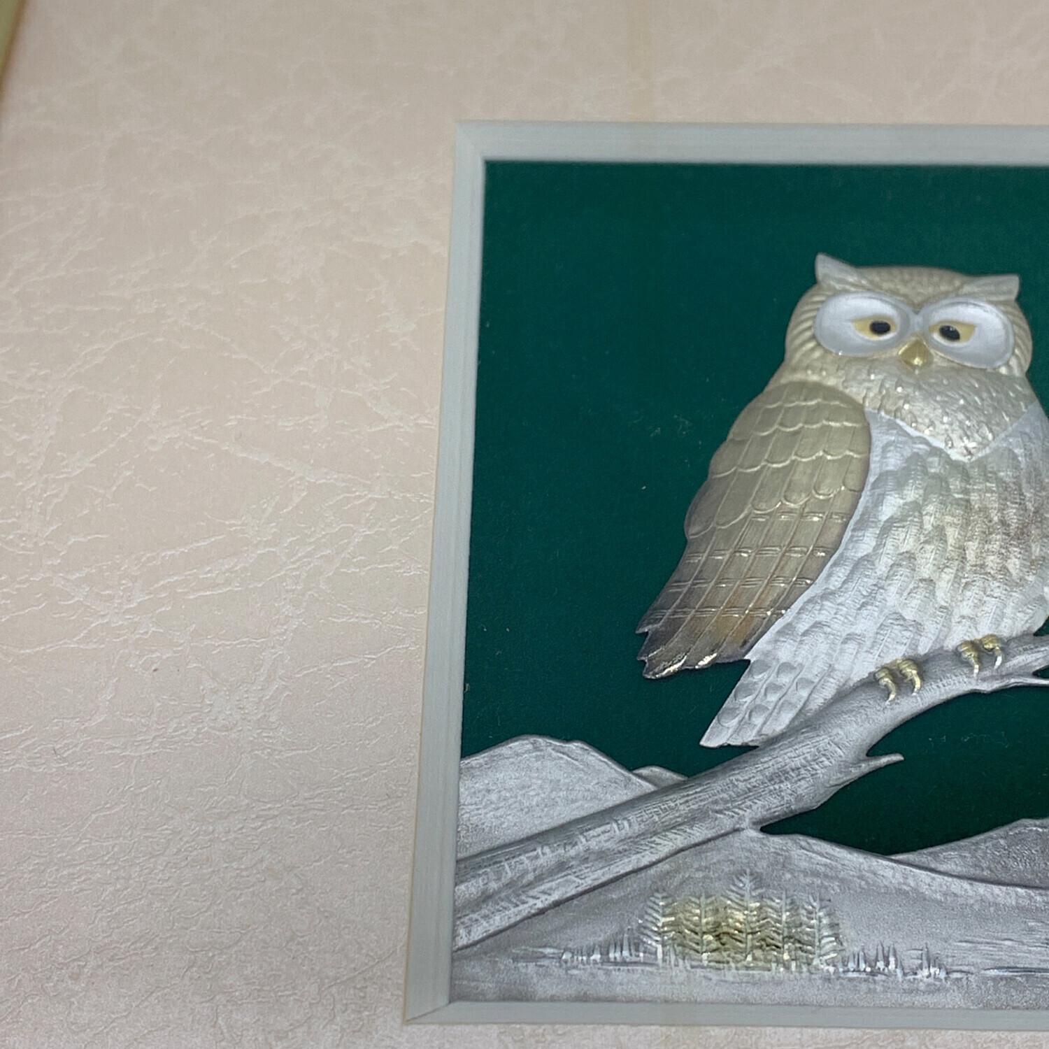武比古作 (タケヒコ) 純銀木製額 ふくろう 純銀レリーフ額 3号茶