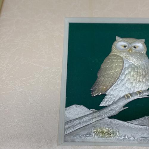 武比古作 (タケヒコ) 純銀木製額 ふくろう 純銀レリーフ額 3号茶