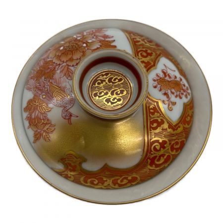 九谷焼 (クタニヤキ) 茶碗セット 蓋付 仲田綿玉 赤絵金彩人物牡丹文 6Pセット