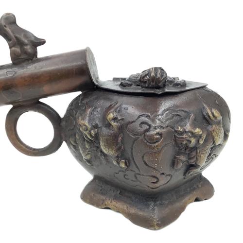 赤銅製 獅子矢立香炉 時代物