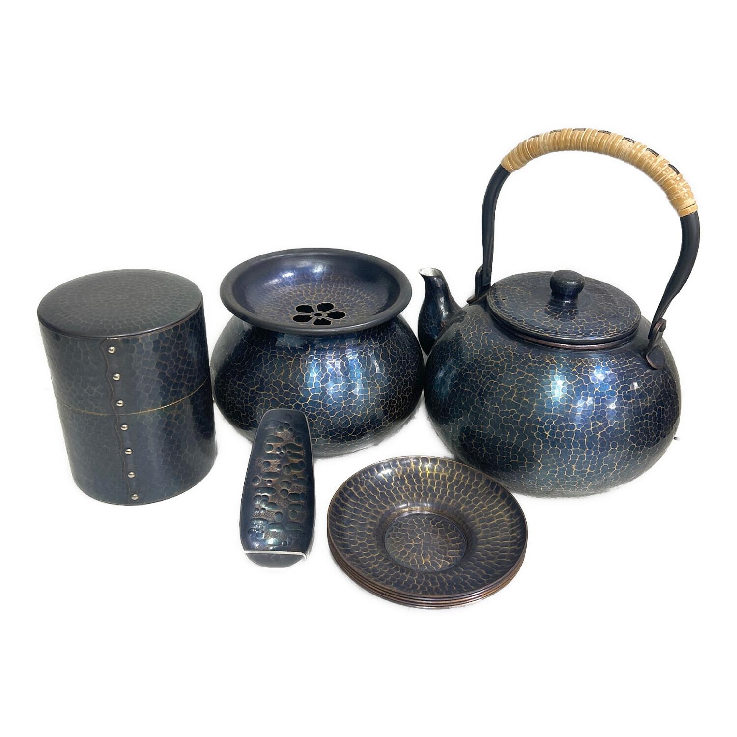 【希少】未使用美品　北越堂　鎚起銅器　茶器揃　青色金古銅製　銅器　玉川堂 北越堂(ホクエツドウ) 鎚起銅器茶器揃 湯沸し・茶筒・建水・茶托5P・茶