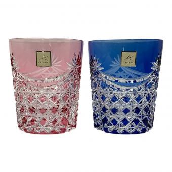 KAGAMI (カガミ) ペアロックグラス 江戸切子 ブルー ピンク 箱付き 2Pセット