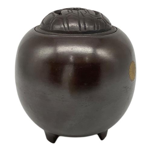 三ッ脚香炉 鋳銅製 鶴亀 菊家紋入り