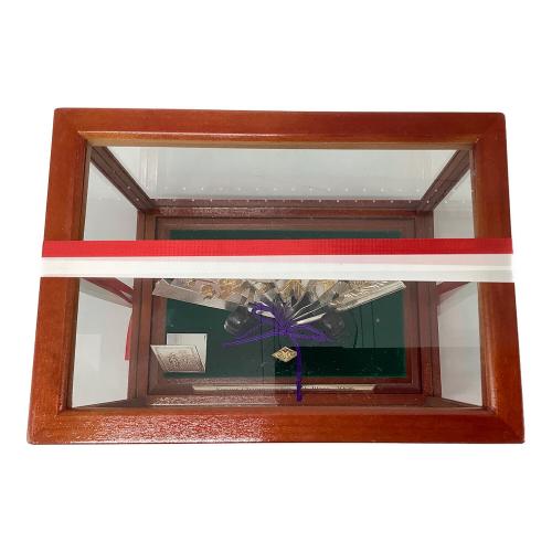 末廣 秀雄作 純銀仕立 扇子 松竹梅 高さ4寸 ※変色有・企業名有