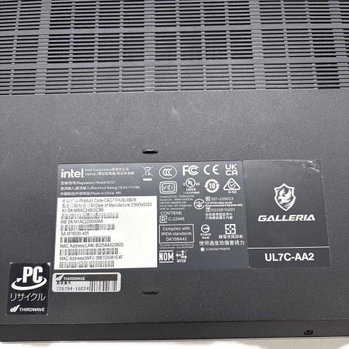 GALLERIANT ゲーミングノートPC UL7C-AA2 15.6インチ Windows11 note Core i7 12700H CPU:第12世代 メモリ:16GB SSD:1TB ドライブ無し 726794-16024