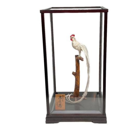 光則作 置物 尾長鶏 銀製