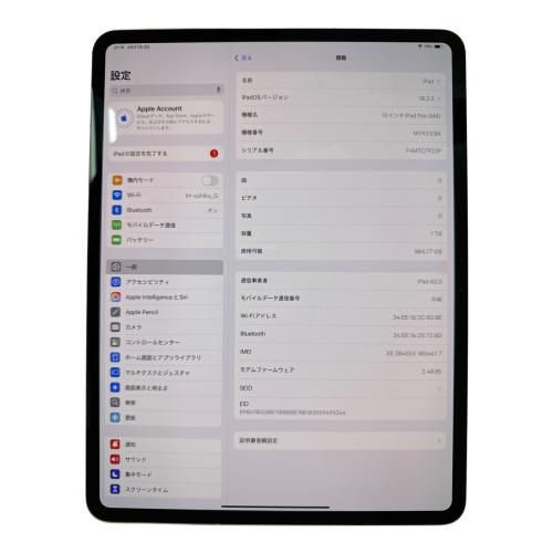 Apple iPad Pro M4 第7世代 13インチ MVXX3J/A SIM FREE 修理履歴無し 1TB iOS バッテリー:Sランク(100%) 程度:Aランク ー サインアウト確認済 352045533854617