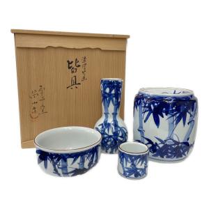 茶器 染付竹画 皆具 （水指,杓立,建水,蓋置）