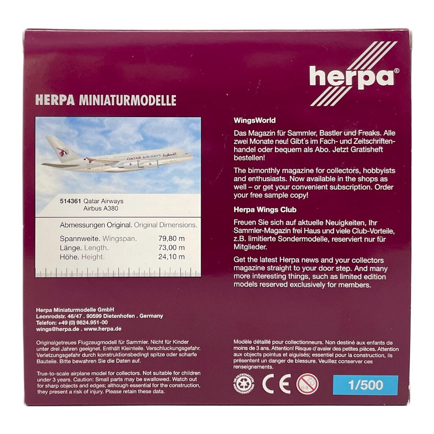 herpa (ヘルパ) Qatar Airways 模型 aribus a380 1/500｜トレファクONLINE