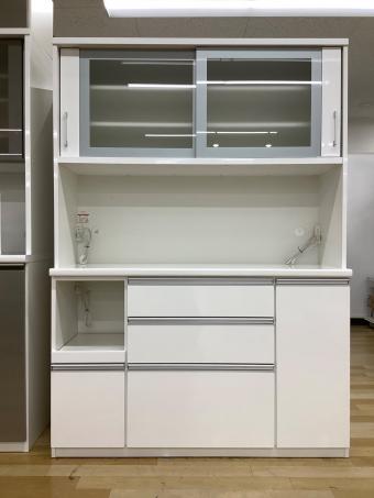 松田家具 (マツダカグ) レンジボード ホワイト モイス加工・フルオープン スライド2枚扉 3段引き出し