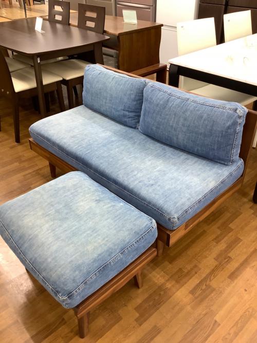UNICO (ウニコ) ソファーダイニング3点セット ブラウン×ブルー ※背もたれネジ1本欠品 テーブル＆ソファー＆オットマン SWELLA