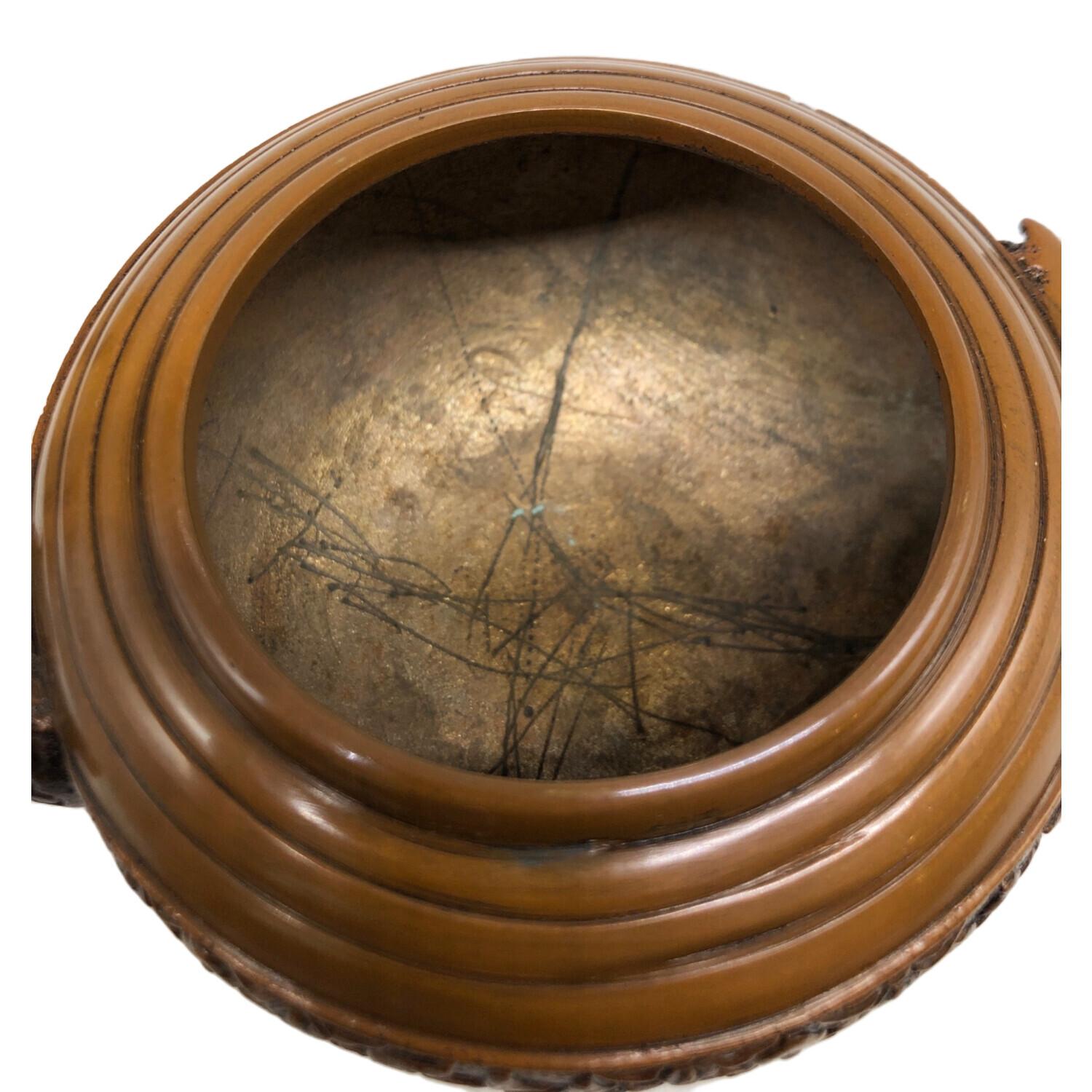 古銅 糸巻 香炉 時代物 渡雲鋳造 香炉/香器『高岡銅器【十六羅漢香炉/雲龍蓋】銅製/内島青凰作』竹中