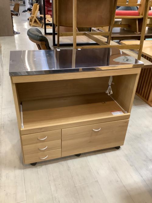 大和木工 (ヤマトモッコウ) キッチンカウンター ナチュラル×シルバー 141 ステンレストップ 引き出し付き