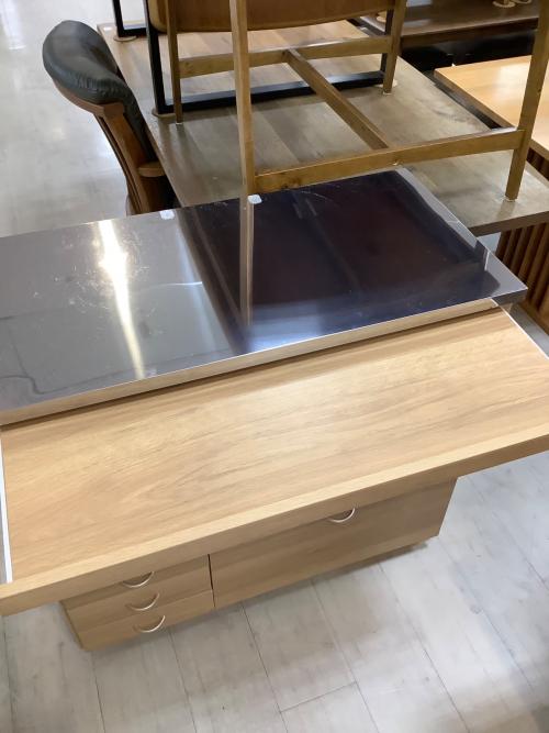 大和木工 (ヤマトモッコウ) キッチンカウンター ナチュラル×シルバー 141 ステンレストップ 引き出し付き