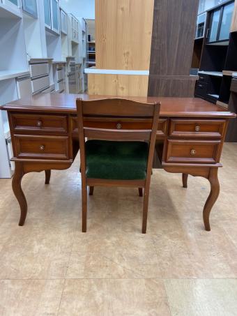 両脇デスク ブラウン アンティーク調 椅子付き 木製