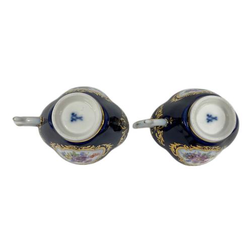 Meissen (マイセン) カップ&ソーサー ルリ地金彩絵パネルスカロップシェイプ 2Pセット