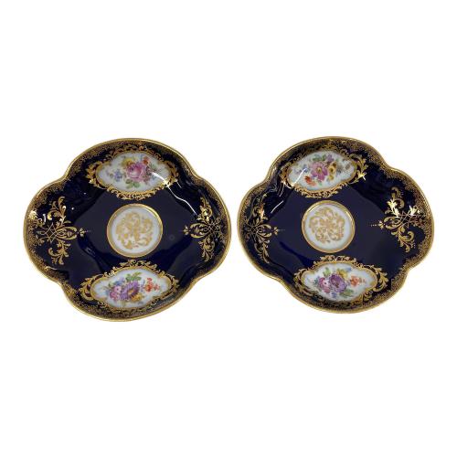 Meissen (マイセン) カップ&ソーサー ルリ地金彩絵パネルスカロップシェイプ 2Pセット