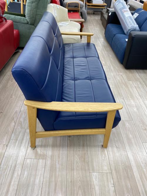 浜本工芸 (ハマモトコウゲイ) 3人掛けソファー ネイビー×ナチュラル 総革