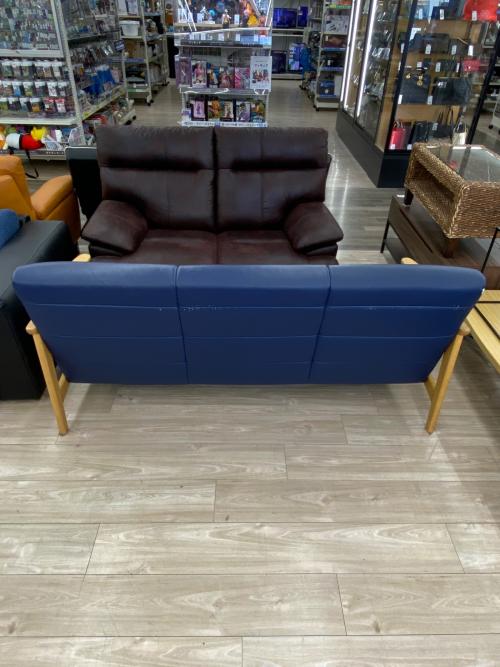 浜本工芸 (ハマモトコウゲイ) 3人掛けソファー ネイビー×ナチュラル 総革