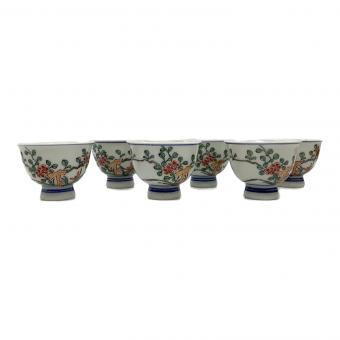 京焼 (キョウヤキ) 色絵草花紋煎茶碗揃 煎茶道具 二代平安春峰作 6客組 共箱付(真田紐欠品)