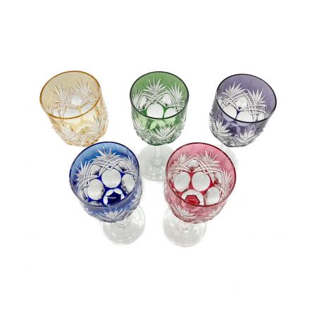 KAGAMI CRYSTAL (カガミクリスタル) ワイングラス グリーン・パープル・イエロー・ブルー・レッド・箱付 笹葉紋 5Pセット